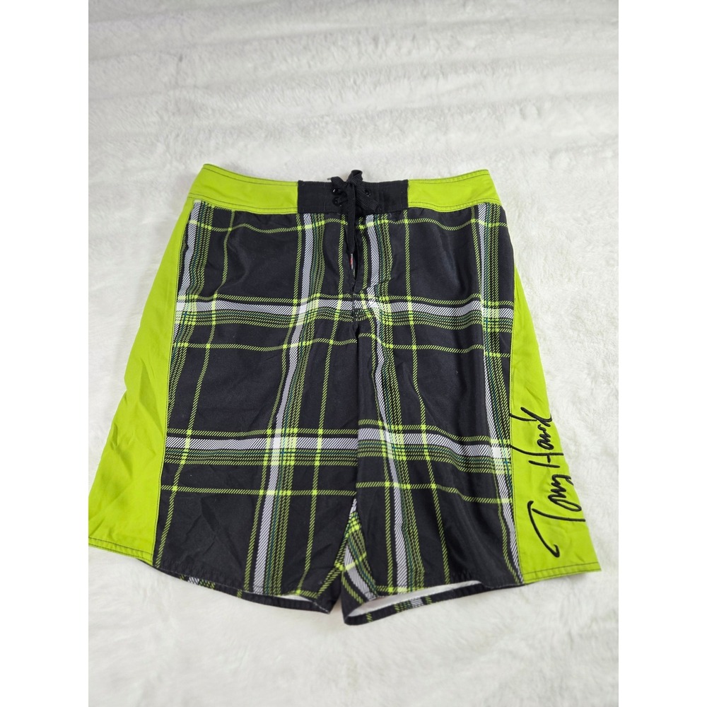 Tony Hawk Mens Board Shorts Size 32 Black Lime Green Plaid Skater‎ Swim Trunks